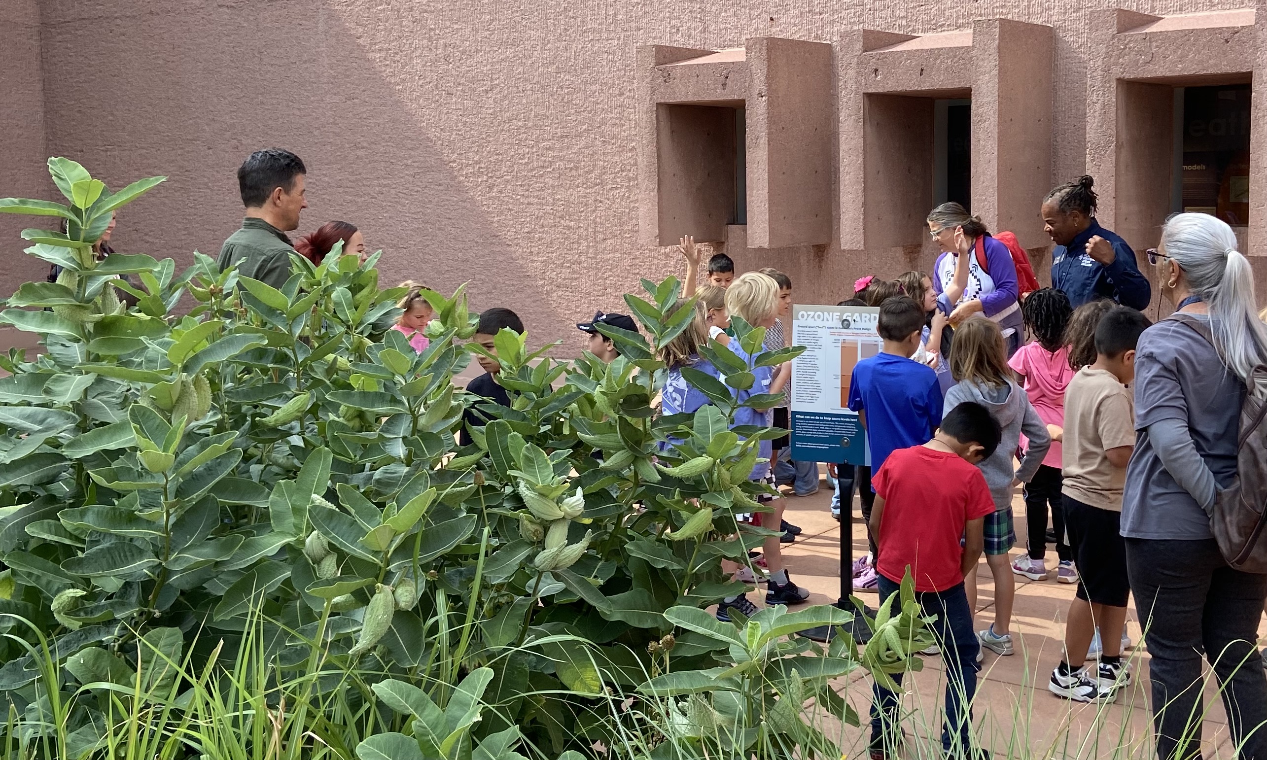 A photo of a group of kids and teachers next to an Ozone Garden at the NSF NCAR Mesa Lab.